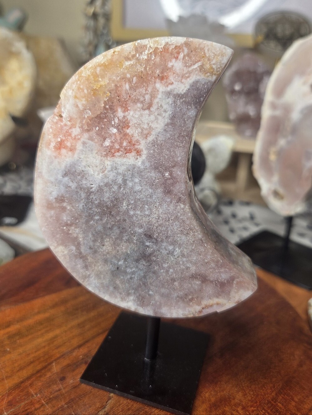 Pink Amethsyt Moon With Golden Healer On Black Stand  FREE SHIPPING